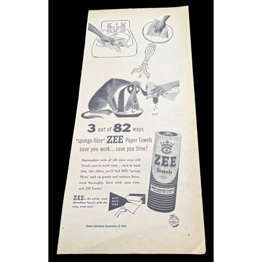 Zee Paper Towels Vintage Print Ad 1954 Homemaking Cleaning Crown Zellerbach